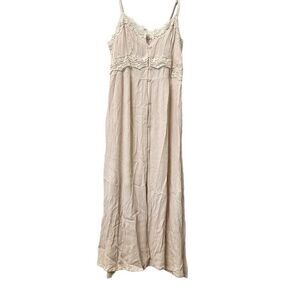 ASOS Crinkle Gauzy Button Front Lace Trim Viscose Cami Midi Dress Beige Large